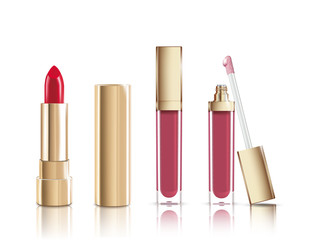 Beautiful red cosmetic lipstick and liquid lip gloss in gold. Makeup realistic cosmetic vector isolated on white.