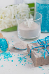 Cosmetic clay powder, homemade clay soap and blue sea salt on white background.