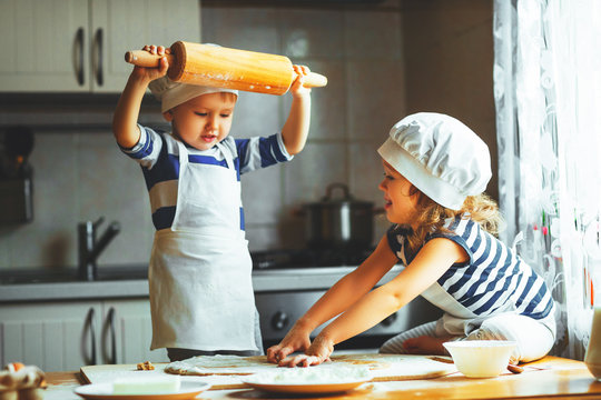 Naklejki happy family funny kids bake cookies in kitchen