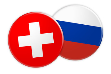 News Concept: Switzerland Flag Button On Russia Flag Button, 3d illustration on white background