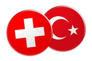 Obraz premium News Concept: Switzerland Flag Button On Turkey Flag Button, 3d illustration on white background