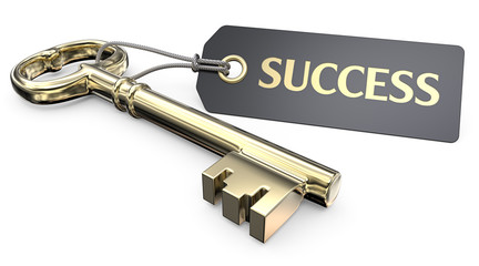 The golden Key to Success. Vintage Gold Key and Tag label with the text Success. 3D render.