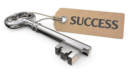 Key to Success. Vintage Steel Key and Tag label with the text Success. 3D render.