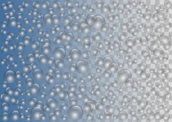 Soap bubbles on blue and transparent vector background.