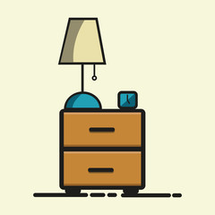 Vector illustration of wooden bedside table with lamp and clock on light background