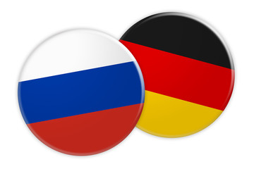 News Concept: Russia Flag Button On Germany Flag Button, 3d illustration on white background