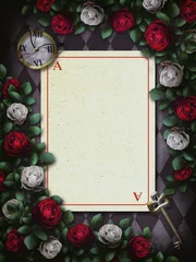 Foto op Aluminium Alice in Wonderland. Red roses and white roses on chess background, playing card. Rose flower frame © svetlanasmirnova