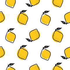 Fototapety  Żółta cytryna z liści wektor wzór. Owoce cytrusowe na białym tle lato świeży projekt dla tekstyliów i odzieży.