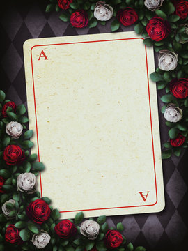 Alice in Wonderland. Red roses and white roses on chess background, playing card. Rose flower frame