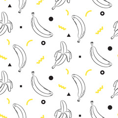Banana hand drawn sketch line seamless vector pattern black and white. Summer fruit repeat abstract background.