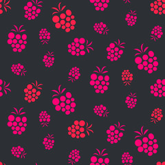 Raspberry pink on purple seamless pattern. Berries summer fruit vector repeat background.
