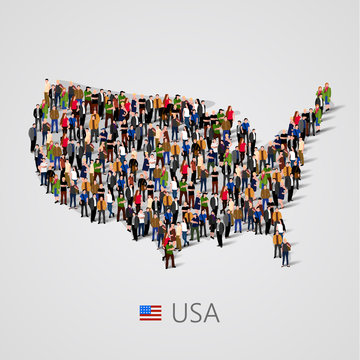 Large Group Of People In United States Of America Or USA Map With Infographics Elements.