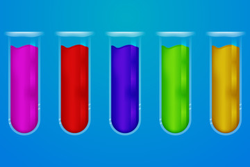 Set of five transparent glass chemical tubes with colorful fluids on blue gradient background. 5 chemical glass containers with colored blood and reflections.