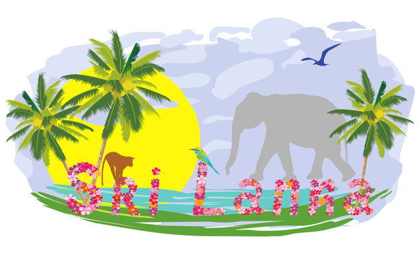 Sri Lanka tourism, vacation, sightseeing banner. Magnet, print for T-shirt, textile. Vector illustration. Picture for the booklet, advertising, souvenirs.