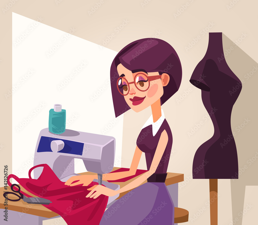 Wall mural Smiling woman designer character sews clothes. Vector flat cartoon illustration