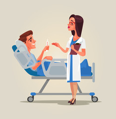 Doctor woman character communicates with patient in ward. Vector flat cartoon illustration