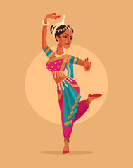 Indian happy woman character dances in traditional costume. Vector flat cartoon illustration