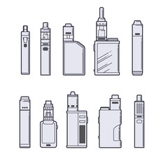 Vaping vector set. Vape devices outline on white background.