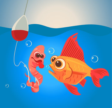 Fish and worm characters. Fishing. Vector flat cartoon illustration
