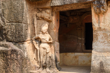 Stone carving on the wall of temples  in Bhubaneswar.India.This is in front of Ganesh Gumpha at Udaygiri caves.