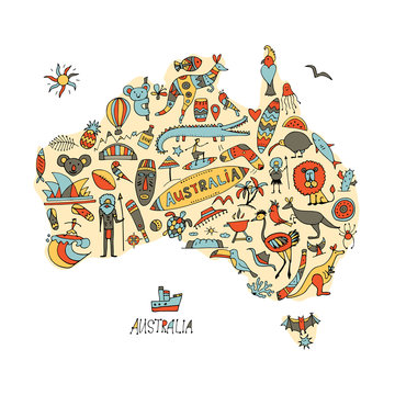 Australian map with icons set, sketch for your design