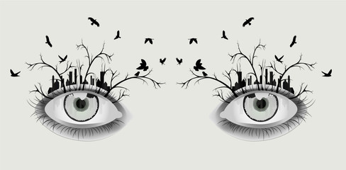 Two eyes that are condensed in the city landscape, dark illustration