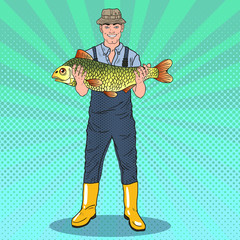 Pop Art Happy Fisherman Holding Big Fish. Good Catch. Vector illustration