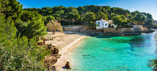 Idyllic view of the bay beach and coast of Cala Gat at Cala Ratjada on Majorca island, Spain...