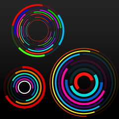 Abstract background of colorful circles with lines, technology backdrop, geometric shapes