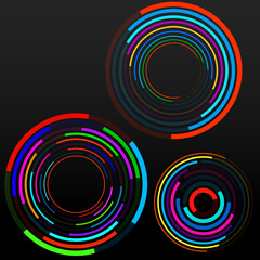 Abstract background of colorful circles with lines, technology backdrop, geometric shapes