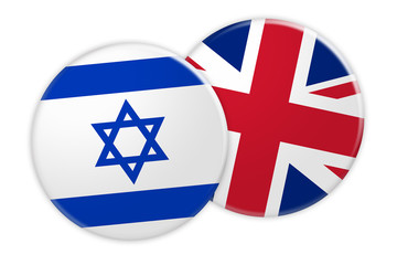 News Concept: Israel Flag Button On UK Flag Button, 3d illustration on white background
