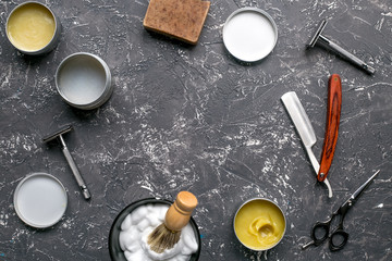 Tools for cutting beard in barbershop on workplace background top view mock-up