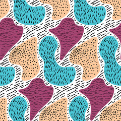 Seamless colorful vector doodle pattern. Hand drawn linocut texture.
