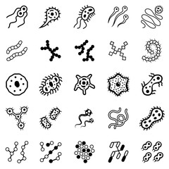 Set of bacteria virus and germ icons. Icons of harmful bacteria, fungus, microbe and other vermin. Vector illustration.