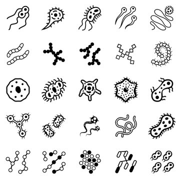Set of bacteria virus and germ icons. Icons of harmful bacteria, fungus, microbe and other vermin. Vector illustration.