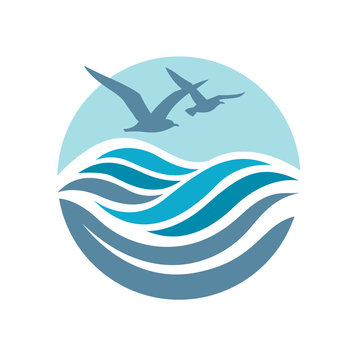 abstract design of ocean logo with waves and seagulls