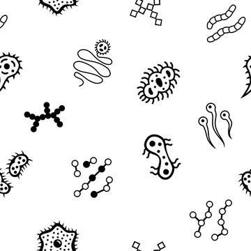 Seamless background of bacteria microbe virus microorganism icons. Icons of harmful bacteria, fungus and other vermins. Vector illustration.