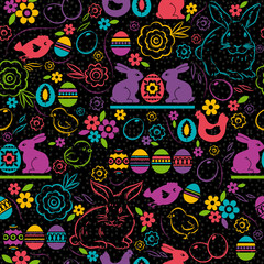 Naklejka premium Seamless pattern with color easter eggs, rabbit, flowers and chicks.Ideal for printing onto fabric and paper or scrap booking, vector illustration