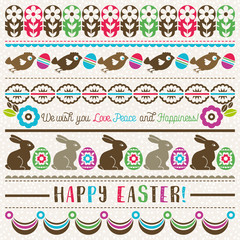 Easter greetings cards with color easter eggs, flowers and rabbits.Ideal for printing onto fabric and paper or scrap booking, vector illustration