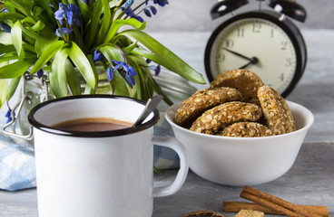 Cocoa mug cookie breakfast  morning flowers spring

