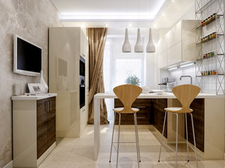 Modern kitchen interior design with white and wooden facades