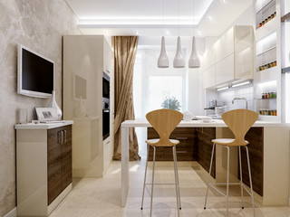 Modern kitchen interior design with white and wooden facades