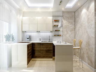 Modern kitchen interior design with white and wooden facades