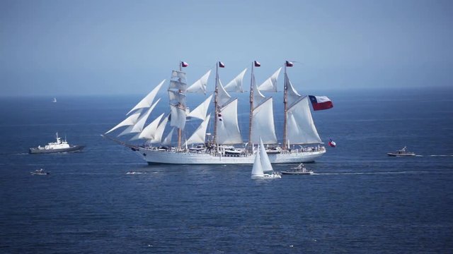 Old Chilean national training ship "Esmeralda", arriving at Valparaiso, Chile