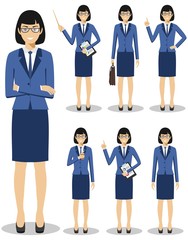 Business concept. Detailed illustration of american european businesswoman standing in different positions in flat style isolated on white background. Vector illustration.