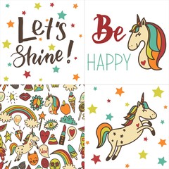 Cards with retro colored unicorns, text, funny stickers, seamless pattern.