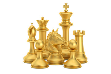 Fototapeta na wymiar Golden chess figures, 3D rendering
