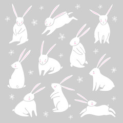 Vector cute rabbit, bunny isolated set