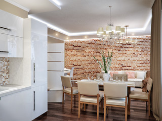 Modern living room, kitchen and dining room