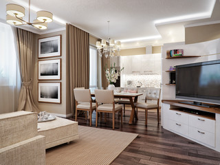 Modern living room, kitchen and dining room